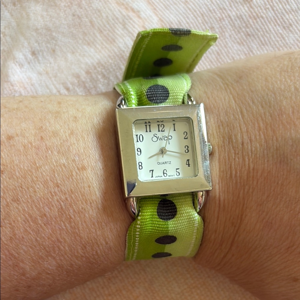 Green Polka Dot Ribbon Watch with Silver Case